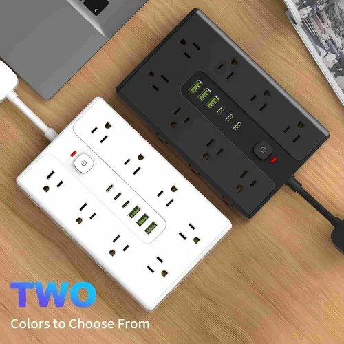 Vista 3 de Protector de sobretensiones de placa de alimentación con 16 enchufes, equipado con 3 puertos USB A y 3 puertos USB C, adecuado para varios