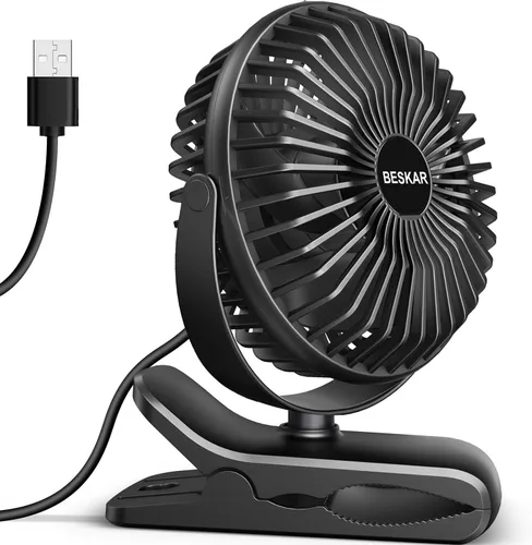 Vista 9 de BESKAR Ventilador de clip alimentado por USB, ventilador portátil de 6 pulgadas con cable, 3 velocidades de flujo de aire fuerte, ventilador pequeño