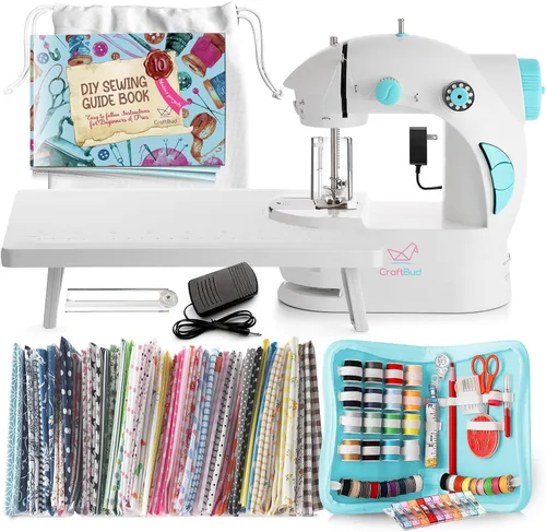Vista 9 de CraftBud Mini máquina de coser para principiantes, máquina de coser portátil de doble velocidad para niños y adultos con mesa de extensión, juego