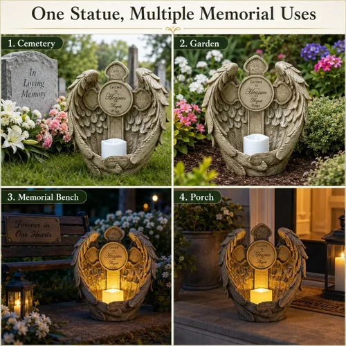 Vista 4 de Estatua conmemorativa de alas de ángel solar con vela LED y cruz, decoración de tumbas de resina resistente a la intemperie para cementerio, regalos