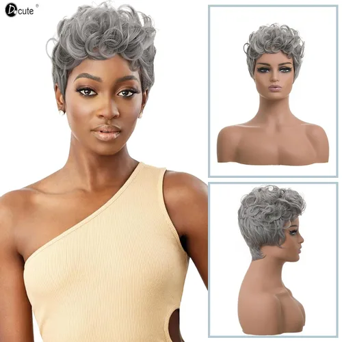 Vista 7 de DOcute Peluca gris para personas negras, corte pixie con flequillo, peluca rizada corta para mujeres negras, peluca rizada esponjosa para mujeres