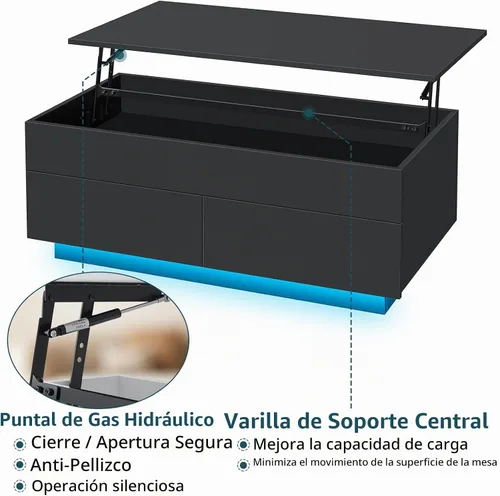 Vista 6 de HOMMPA Mesa de centro elevable de 40 pulgadas, mesas de centro negras con almacenamiento para sala de estar, mesa de centro moderna LED, mesa