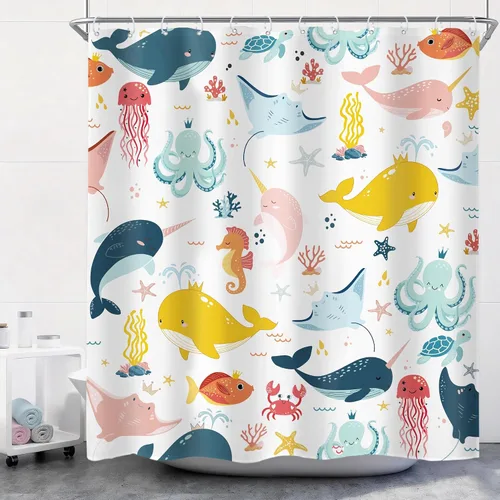 Vista 13 de Riyidecor Ocean - Cortina de ducha para niños, 60 pulgadas de ancho x 72 pulgadas de alto, diseño de ballena, dibujos animados, animales, delfín