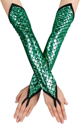 Vista 9 de color cosplayer Mermaid Gloves Fish Scales Arm Sleeves Sequin Gloves Fish Scale Fingerless Gloves with Fins