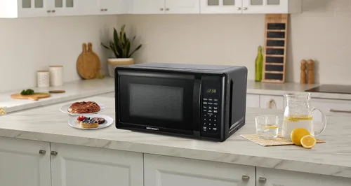 Vista 4 de Emerson MW7302B - Horno microondas compacto para encimera con control táctil, pantalla LED, 700 W, 10 niveles de potencia, 6 menús automáticos