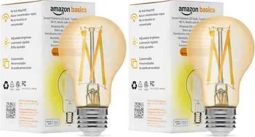 Vista 7 de Amazon Basics Bombilla LED de filamento inteligente A19, blanco sintonizable, Wi-Fi de 2.4 GHz, funciona solo con Alexa, paquete de 1
