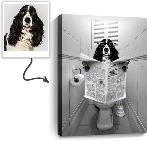 Vista 29 de kvtiwee retrato personalizado de mascota a partir de foto, arte de pared en lienzo de gato en el inodoro, arte de baño divertido en blanco y negro