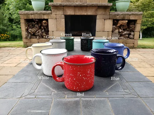 Vista 6 de Taza de café de cerámica de 14 onzas (juego de 4), color azul con acabado moteado, taza duradera de pared gruesa estilo campamento para exteriores
