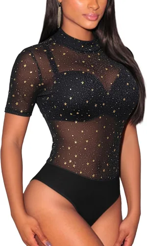Vista 6 de Lrady Women's Short Sleeve Bodysuit Mesh Sheer Going Out Tops K#1 Negro