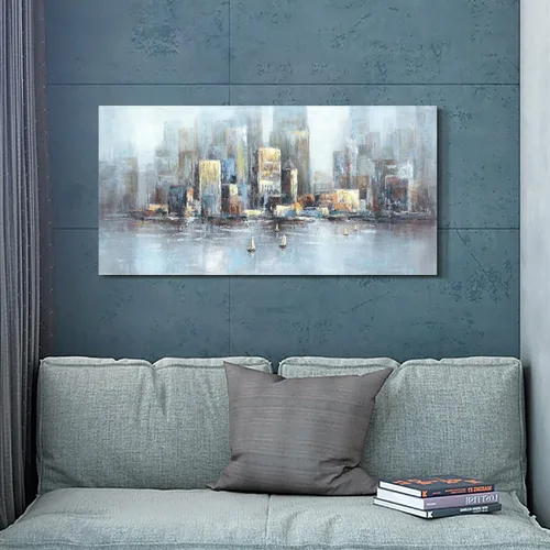 Vista 4 de Lienzo decorativo para pared de ciudad: paisaje abstracto de horizonte moderno, pintura de paisaje urbano contemporáneo, horizontal, vista urbana