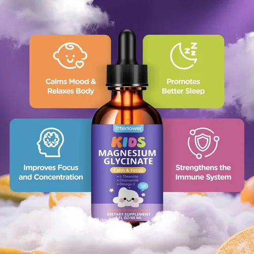 Vista 3 de Gotas líquidas de glicinato de magnesio para niños, magnesio para niños con L-teanina, omega-3, vitamina D3 K2, zinc para dormir, calma, relajación