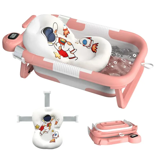 Vista 9 de Bañera plegable para recién nacidos a niños pequeños (0-24 meses), bañera portátil para bebés para viajes, bañera plegable con cojín suave y de Azul
