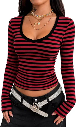Vista 13 de LOMON Camisas de manga larga para mujer, cuello en V profundo, ajustadas Rayas grises y negras
