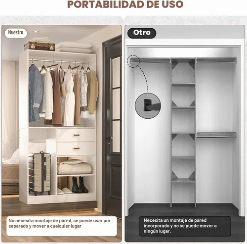 Vista 4 de Armocity Sistema de armario independiente con almacenamiento de maletas, armario independiente de 40 pulgadas con 2 cajones de madera, perchero