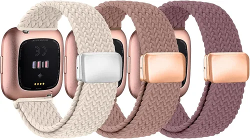 Vista 16 de Paquete de 8 bandas elásticas compatibles con Fitbit Versa 2/Lite/SE para mujeres y hombres, correa trenzada de nailon elástico ajustable Solo Loop
