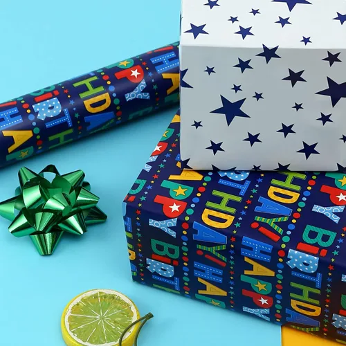 Vista 8 de AUCLAY Papel de regalo reversible de cumpleaños para niños, niñas, adultos, baby shower, vacaciones, diseño colorido de letras y estrellas de feliz