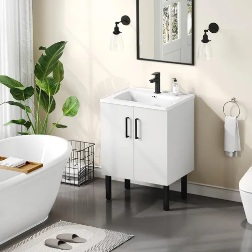 Vista 7 de DWVO Conjunto de tocador de baño de 24 pulgadas con fregadero empotrado, armario de almacenamiento de baño moderno incluido, ganchos para estantes