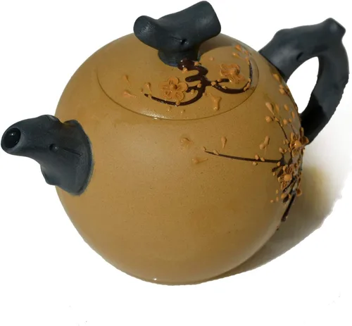 Vista 2 de Tetera de 12 oz Yixing Escultura de Arcilla Amarilla Zisha Ciruela Floreciendo Buena Suerte Noble Hermosa Caja de Regalo