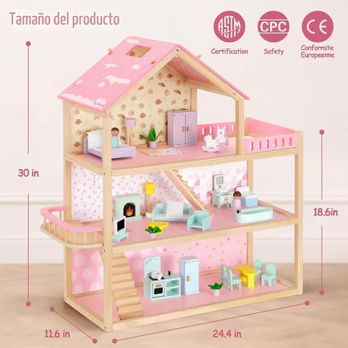 Vista 7 de Pillowhale - Casa de muñecas de madera, moderna casa de muñecas con accesorios para muebles Rosa