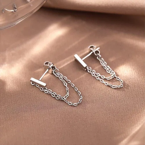 Vista 4 de Reffeer Solid 925 Sterling Silver Bar Tassel Chain Drop Earrings for Women Teens Bar Drop Earrings Minimalist Studs