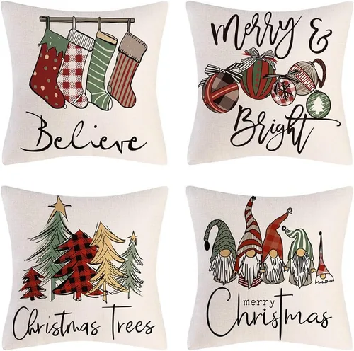 Vista 5 de Juego de 4 fundas de almohada decorativas de Navidad de 18 x 18 pulgadas, funda de cojín de la serie navideña, funda de almohada cuadrada