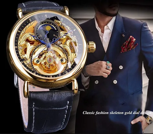 Vista 7 de Relojes automáticos para hombre, reloj de esqueleto Tourbillon dorado, fase lunar, impermeable, de acero inoxidable