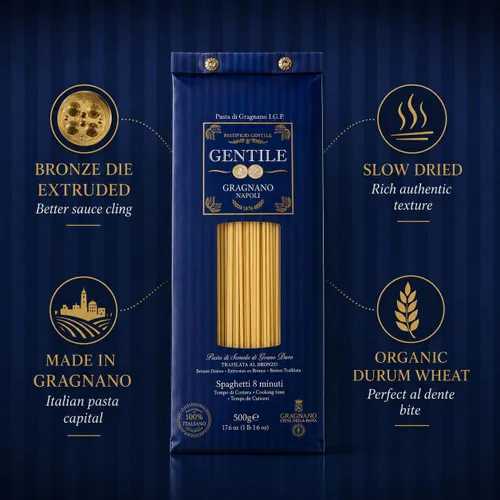 Vista 3 de Gentile Organic Long Pasta di Gragnano IGP - Pasta italiana de corte bronce - Auténtica pasta artesanal de Gragnano, Italia (Spaguetti 8 minutos)