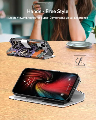 Vista 3 de DEENAKIN Funda tipo cartera para iPhone 15 con tarjetero + clip para efectivo, bloqueo RFID, protección contra caídas de grado militar y obras