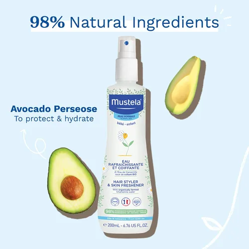 Vista 8 de Mustela Estilizador de cabello y ambientador de piel para bebé, con agua natural de aguacate y manzanilla, vegano e hipoalergénico, 6.76 onzas