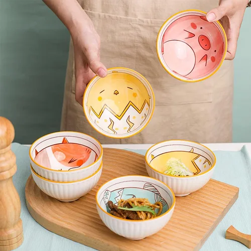 Vista 5 de Juego de 4 cuencos de cerámica pintados a mano con patrón de dibujos animados con caja de regalo, ideal para cereales, ensaladas, arroz, pasta