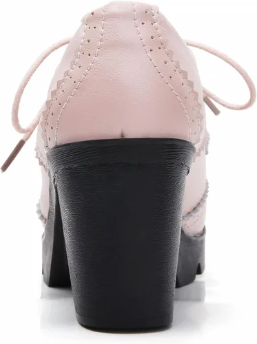 Vista 5 de DADAWEN - Zapatos clásicos de cuero para mujer, con cordones, de tacón medio cuadrado y grueso con plataforma y puntera, para pantalones oxford