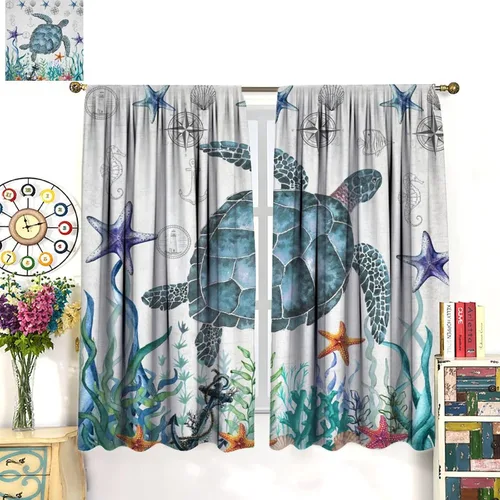 Vista 45 de Cortinas de decoración de playa con océano azul, peces náuticos costeros playeros de verano, conchas marinas, temática infantil, dormitorio, sala
