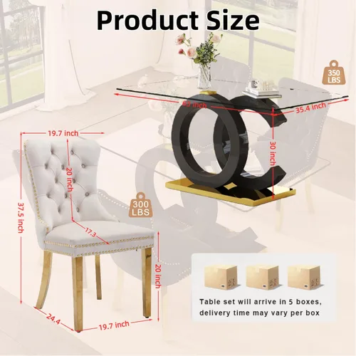 Vista 2 de Ebullient 63" Modern Glass Dining Table Set for 4, Black & Gold 5-Piece Set Glass Table & Beige Chairs