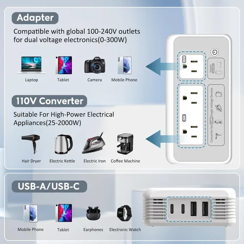 Vista 3 de Adaptador de convertidor de corriente 2000W Combo, convertidor de voltaje Gris