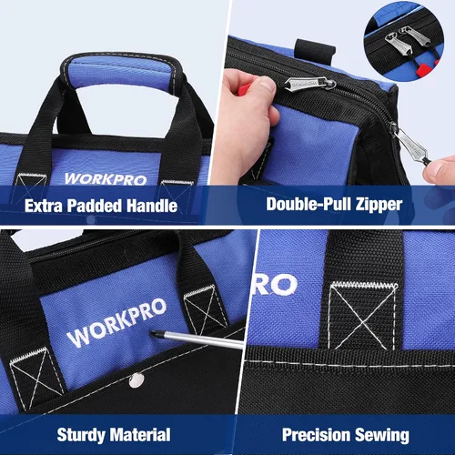 Vista 6 de WORKPRO Bolsa de herramientas de 13 pulgadas de boca ancha, bolsa de herramientas portátil con bolsillos interiores para almacenamiento