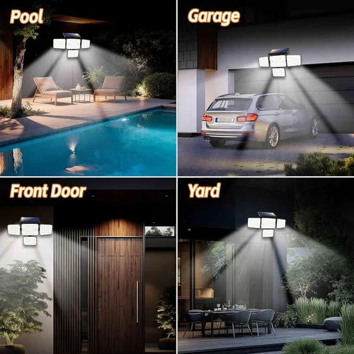 Vista 7 de Luces solares para exteriores 336 LED, luz de pared de seguridad con sensor de movimiento con control remoto, diseño ajustable de 4 cabezales