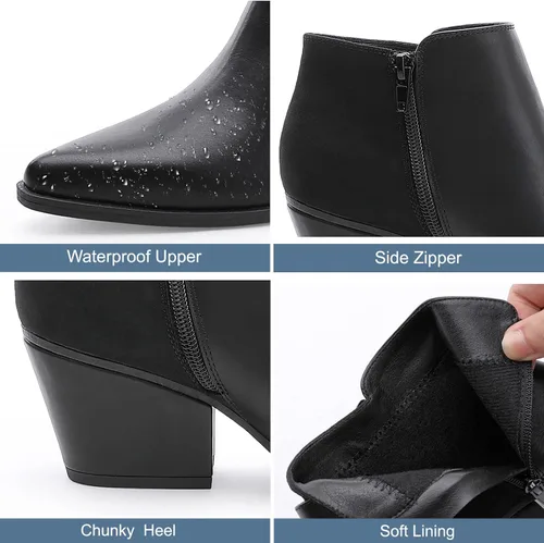 Vista 4 de CentroPoint Botines de cuero con tacón de bloque para mujer, puntera puntiaguda, con cremallera lateral