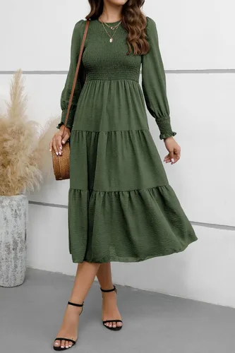 Vista 3 de ZOOMOON Vestido casual de otoño de manga larga para mujer, cuello redondo, cintura alta fruncida, vestidos largos escalonados