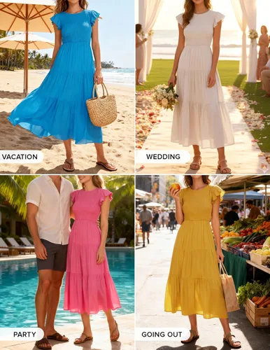 Vista 2 de ZESICA - Vestido por debajo de la rodilla para mujer, diseño informal y escalonado de manga corta, con cuello redondo y cintura elástica fruncida