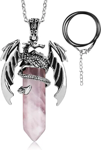 Vista 28 de Collar de dragón – Colgante hexagonal de plata envuelto en cristal con cristal natural – Joyería genial para hombres y mujeres