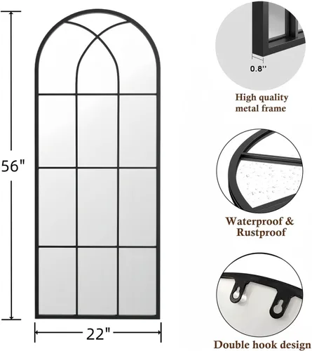 Vista 2 de Espejo de longitud completa, 56x22", espejo grande arqueado, espejos de cuerpo completo de panel de ventana negro para pared, espejos de pie