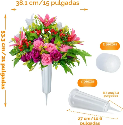 Vista 2 de XONOR Flores artificiales de cementerio con jarrón, juego de 2 ramos de lirios de rosas artificiales, flores conmemorativas para decoración