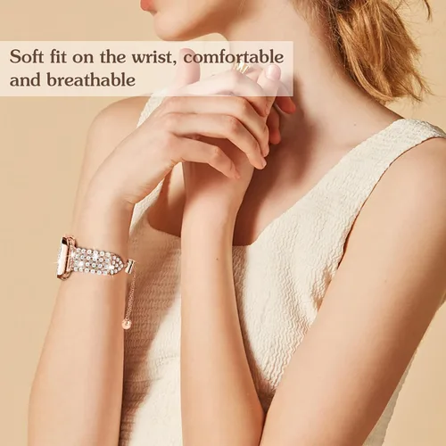 Vista 6 de Joyozy Pulsera de perlas brillantes de 1.772 pulgadas y funda compatible con Apple Watch series 9, 8, 7, para mujer, con diamantes brillantes