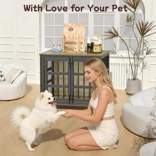 Vista 5 de Jaula para perros de 26 pulgadas, jaulas para perros de razas grandes, jaulas para perros interiores de madera, mesa auxiliar, jaula combinada