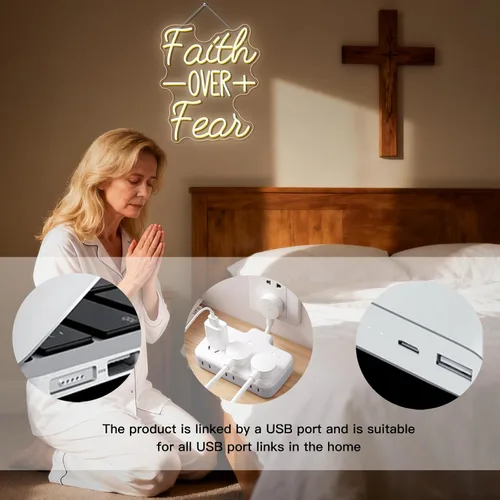 Vista 6 de WLHOPE Letrero de neón con texto en inglés "Faith Over Fear", versículos de la Biblia, para decoración de pared, luces LED cristianas, luces