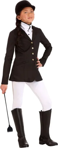 Vista 2 de Disfraz de Halloween ecuestre para niñas Traje completo de jinete de caballo para niños con chaqueta, pantalones, jabot, sombrero y fundas