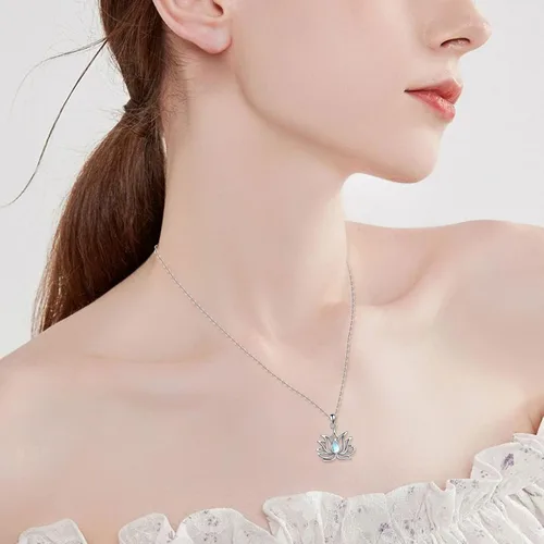 Vista 2 de CRMAD Collar de loto para mujer, plata de ley, piedra lunar, flor de loto, colgante de joyería de regalo, Metal,