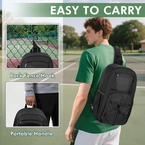 Vista 5 de GOBUROS Bolsa de pickleball para 2 paletas, mochila cruzada de pickleball con múltiples bolsillos y gancho para valla colgante para hombres y mujeres