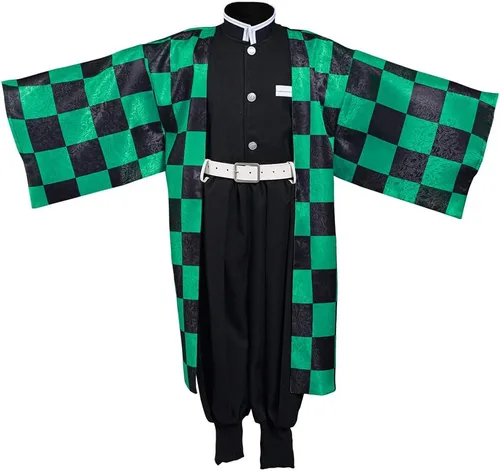 Vista 2 de Disfraz para niños, disfraz de anime para cosplay, kimono, uniforme de Halloween, conjunto completo Verde
