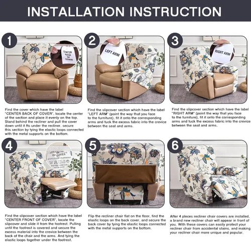 Vista 7 de NILUOH Funda para sillón reclinable, 4 piezas, elástica, estampada, con bolsillo lateral, funda para sofá reclinable, antideslizante, ajustable, 16